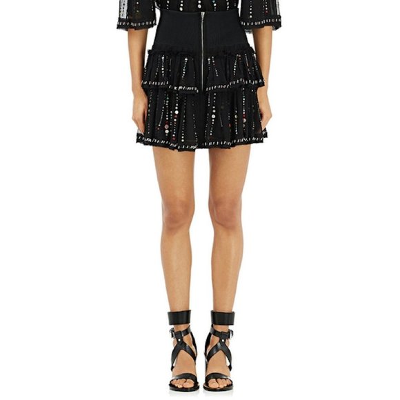 Isabel Marant Flore Galaxy Embroidered Silk Tiered Sequin Mini Skirt Black